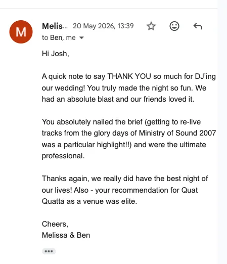 Email from Melissa after her wedding