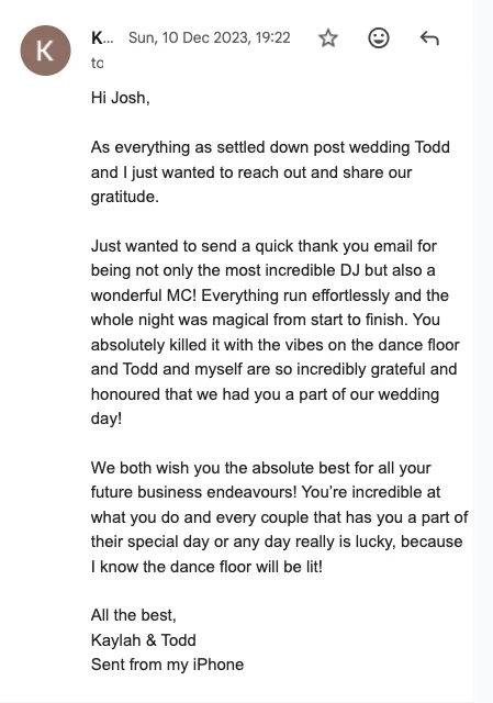 Email from Kaylah and Todd after their wedding