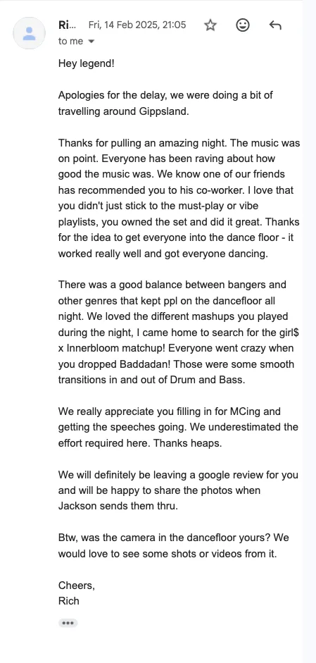 Email from Rich after his wedding