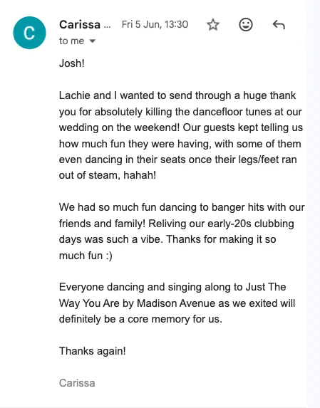 Email from Carissa after her wedding