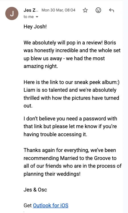 Email from Jes and Oscar praising DJ Boris