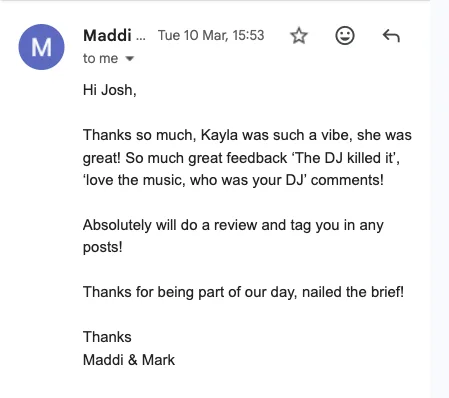 Email from Maddi and Mark praising DJ Kayla