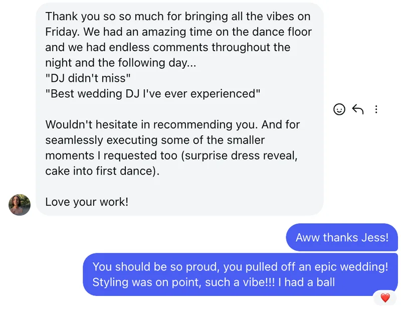 Instagram message from Jess after her wedding