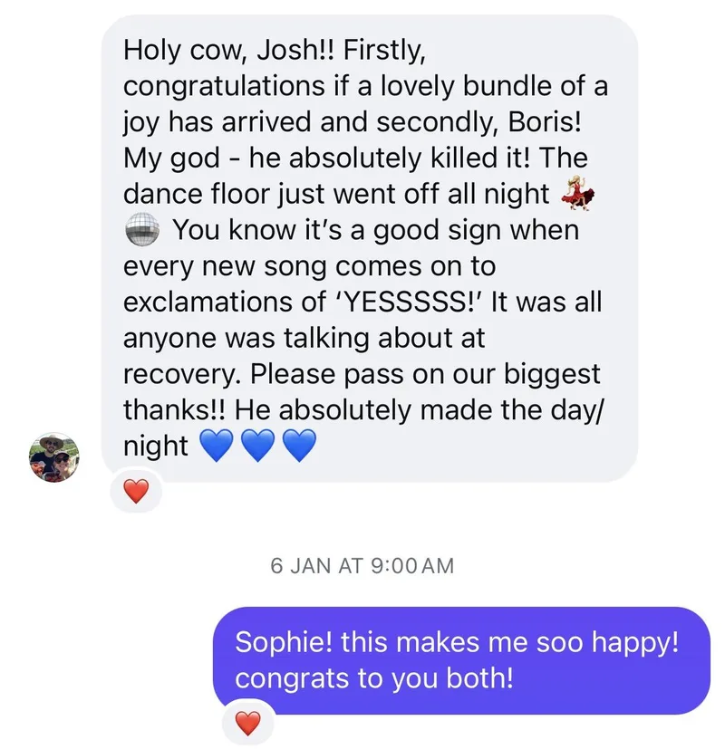Instagram message from Sophie praising DJ Boris