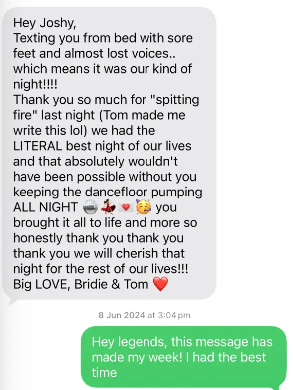 Text message from Bridie and Tom after their wedding
