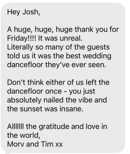 Text message from Morv and Tim after their wedding