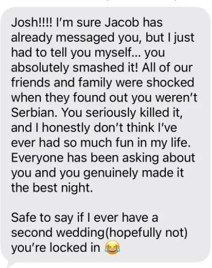 Text message from a bride after her wedding
