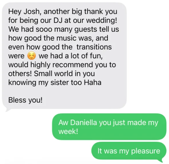 Text message from Daniella after her wedding